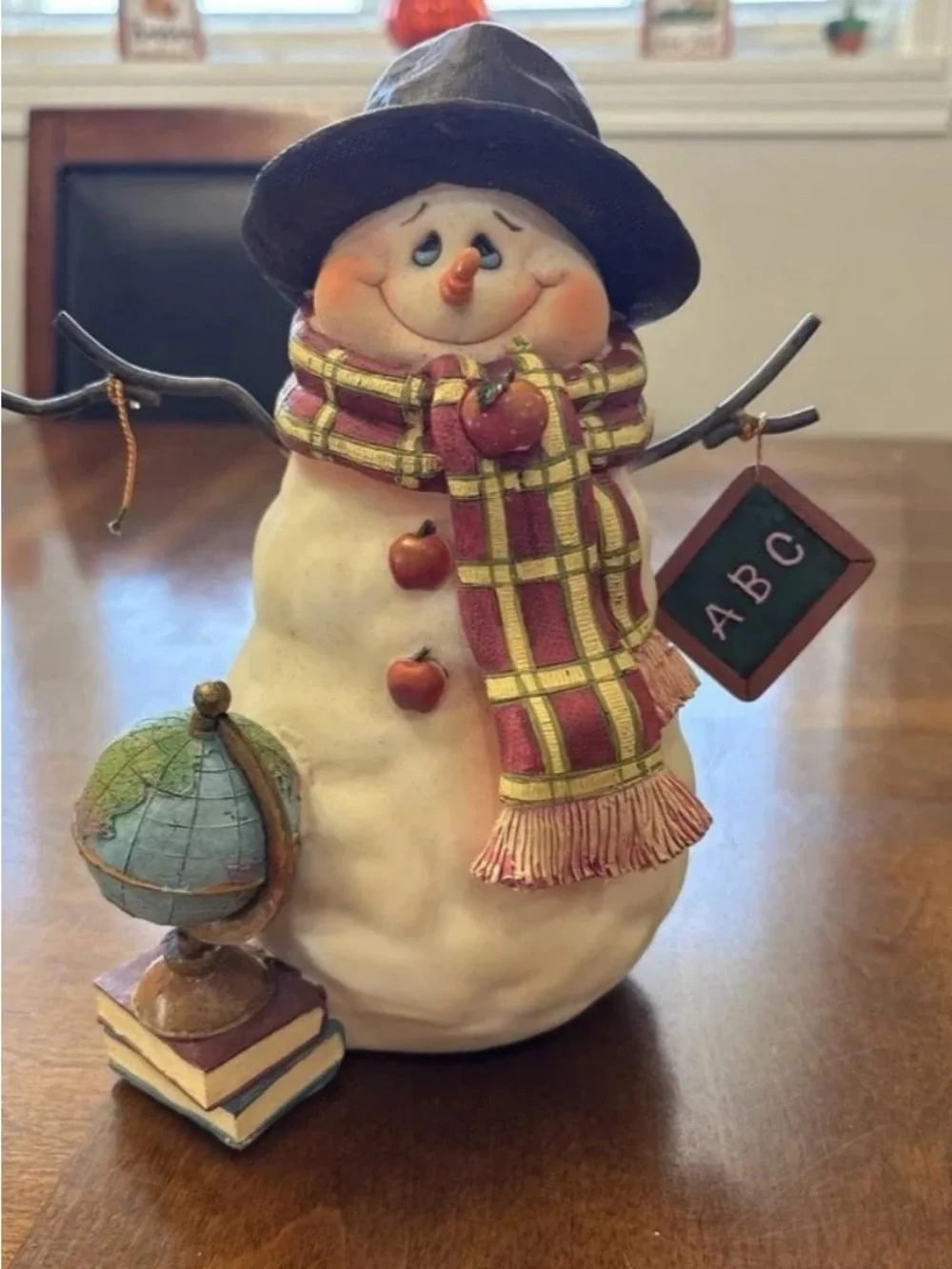 Handcrafted Cream Snowman Figurine with Red Plaid Scarf and Chalkboard Sign